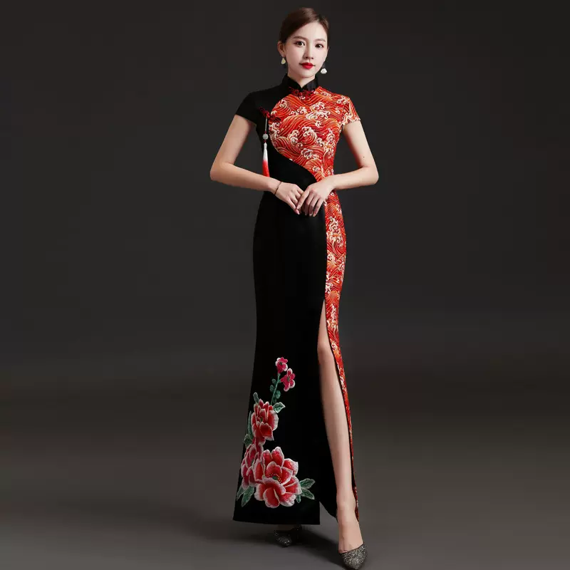 批发走秀旗袍中国风2025鱼尾开叉演出服主持人宴会黑色气质礼服