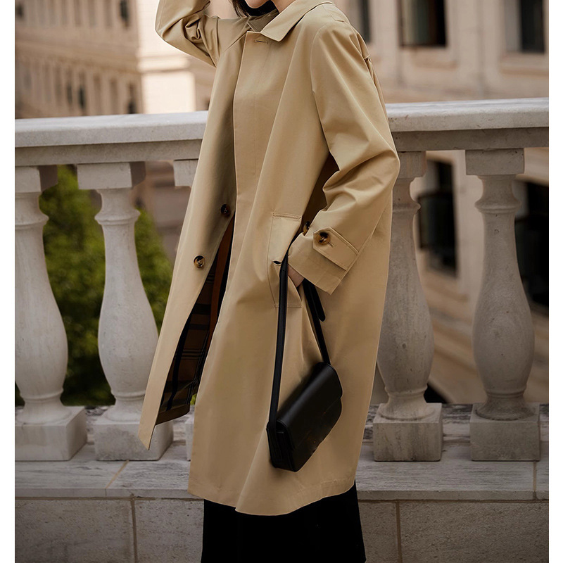 Ready Stock Factory Direct Batch Autumn and Winter Waterproof Pleated Mid-Length Windbreaker Jacket for Women Single-Breasted Mid-Length Long-Sleeved Women