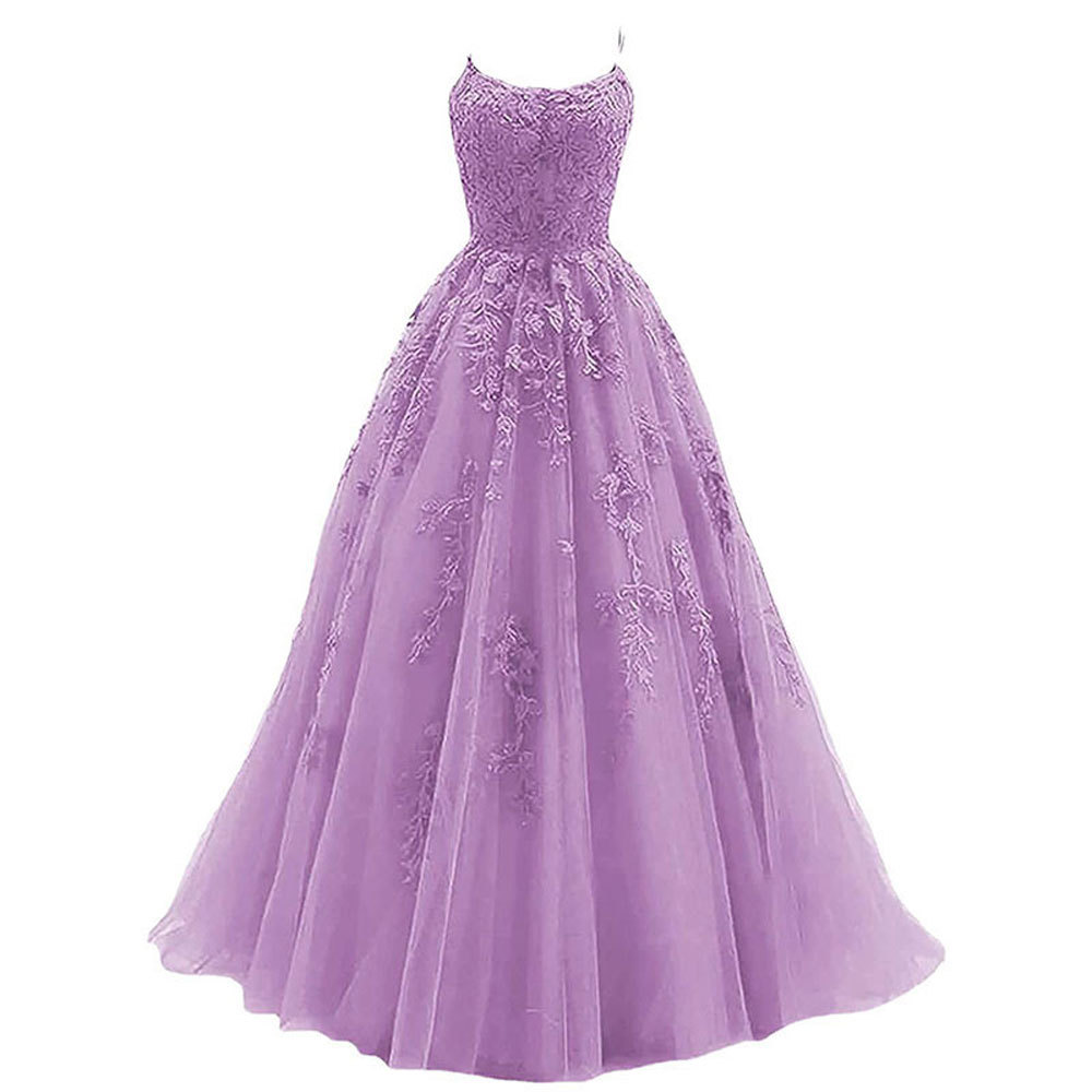 Amazon Comercio exterior espaguetis Correa baile vestido de noche largo tul encaje apliques vestido de fiesta de las mujeres image 14