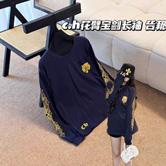 高版本~25早秋新款复古梵文宝剑印花口袋撞色长袖T恤宽松休闲上衣