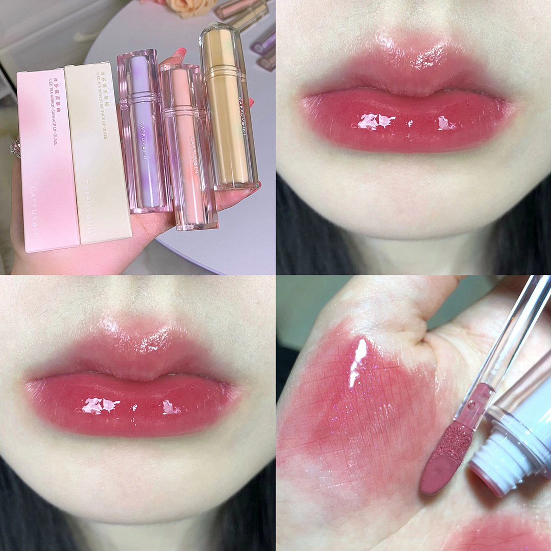 Cappuvini helado té espejo labio esmalte brillante labio brillante cristal jalea labio transparente tubo tarjeta burbuja Weini brillo de labios