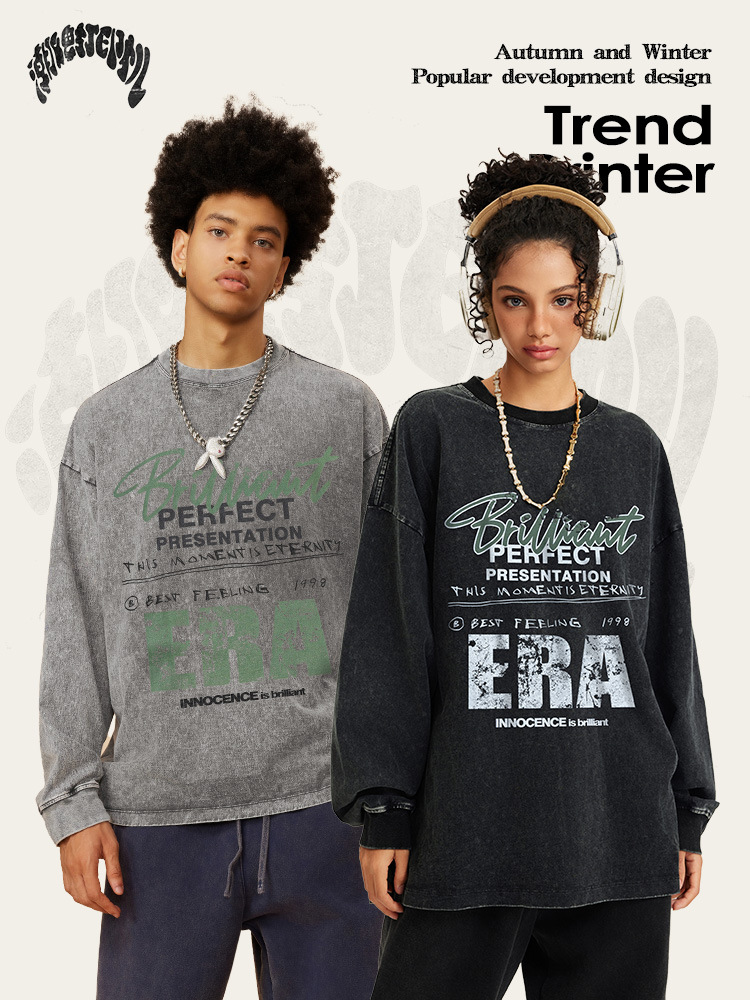 2025 primavera marca de moda americana hace la vieja lavado alta sensación pequeña letra de cuello impresión suelta camiseta de manga larga de moda masculina
