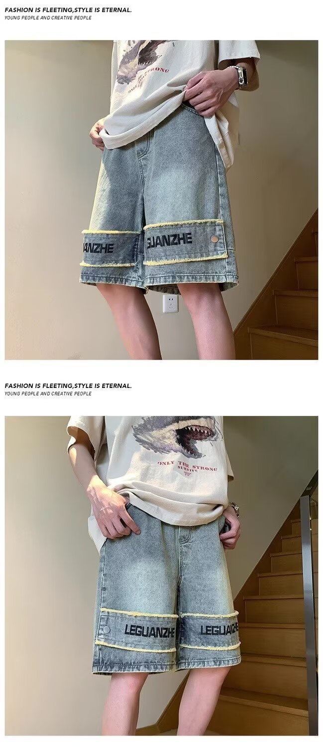 Men's Style Washed Distressed Denim Shorts Niche Design High Street Muddy Wide Leg Straight Leg Five Point Pants_mkmklike.com