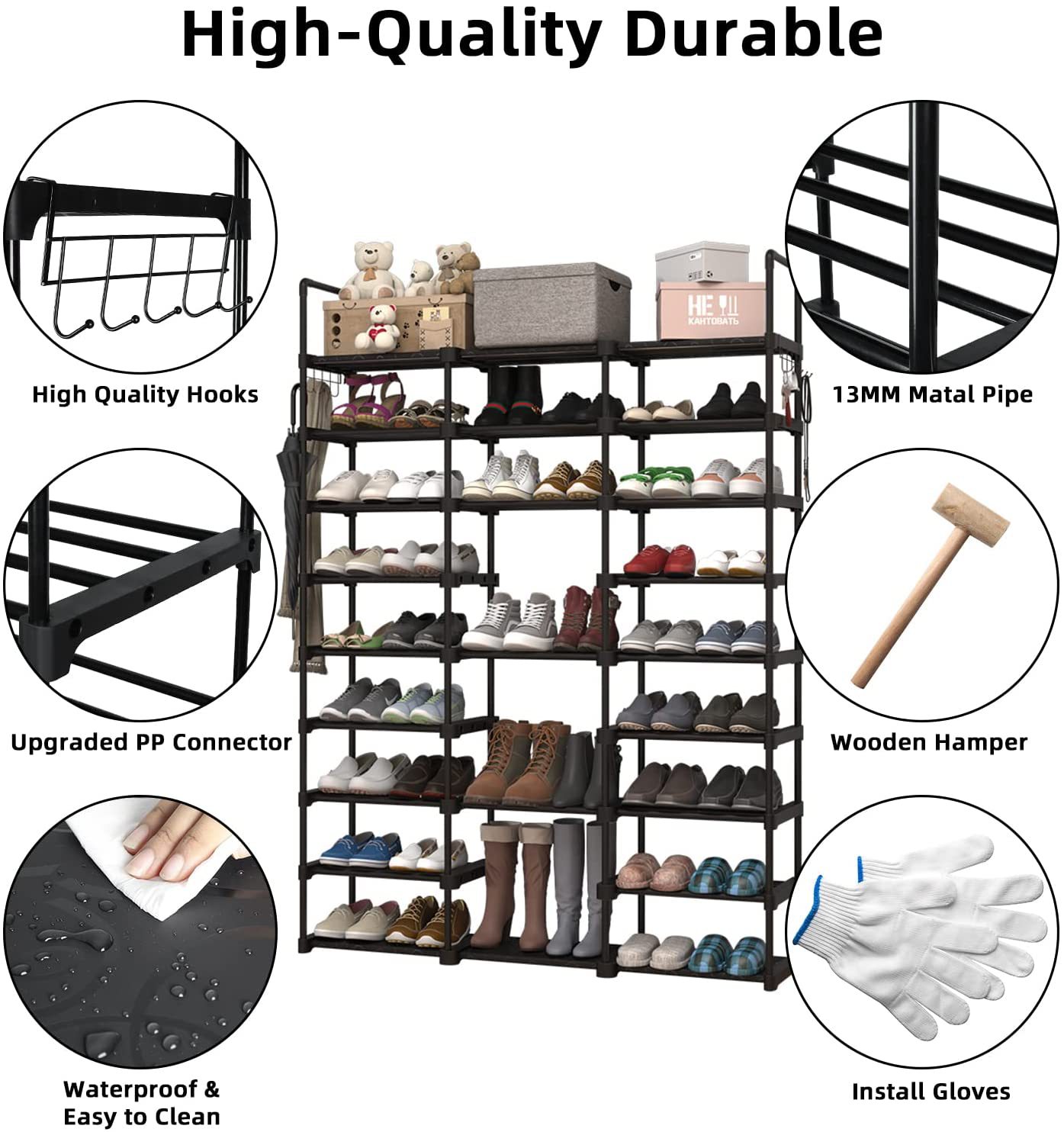 亚马逊热销三排九层pp鞋架侧袋简易家居大容量鞋架源头厂家直销