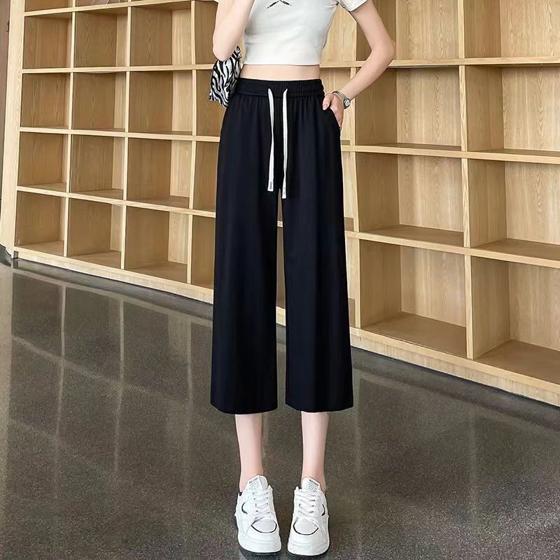 Ice Silk Wide-Leg Cropped Pants for Women, 2026 Summer Thin Style, Slimming Loose Straight Pants, Versatile Casual Pants for Petite Figures