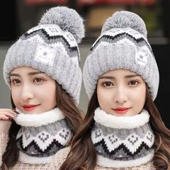 女性用秋冬暖かい帽子、韓国風ベルベット厚みのある耳保護ニットツーピースセット、サイクリング屋外防寒ウール帽子