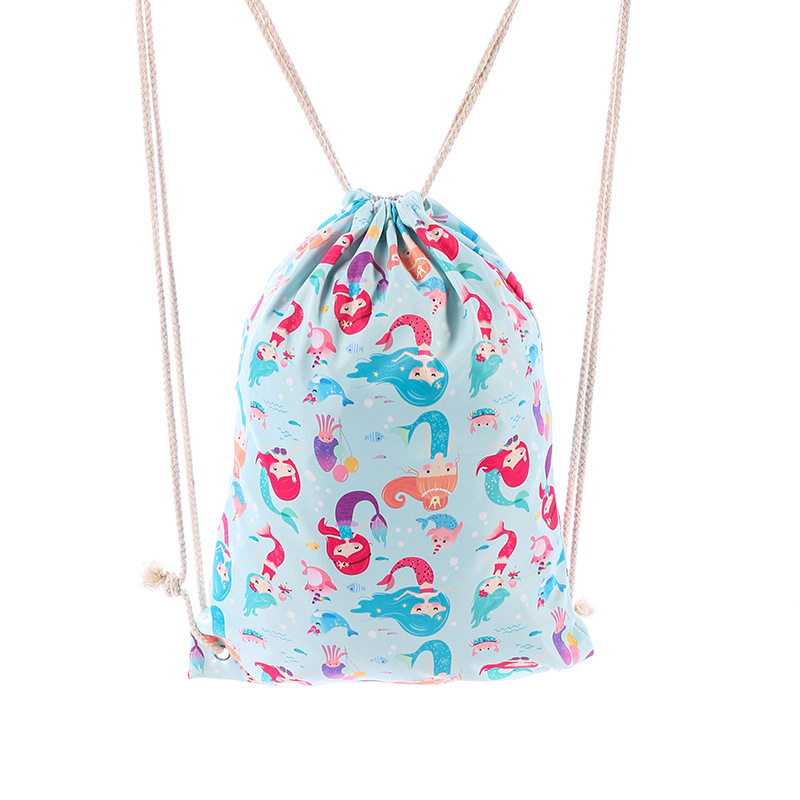 Factory direct sales: polyester-cotton blue little mermaid canvas bag, drawstring bag, storage bag, no bottom, no sides pic 5