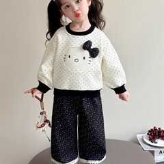 女小童韩系套装春秋款女宝宝圆点猫咪卫衣秋装小女孩阔腿裤两件套