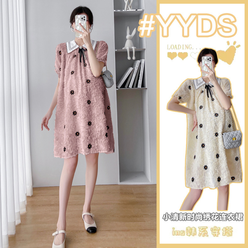 Maternity summer new style small fresh age-reducing cute romantic girl embroidered lapel dress retro art