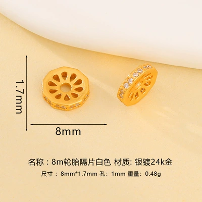 Zərgərlik ara hissələri, 925 Silver Gold-Plated Zircon-Inlaid - 8m-tire-spacer-white