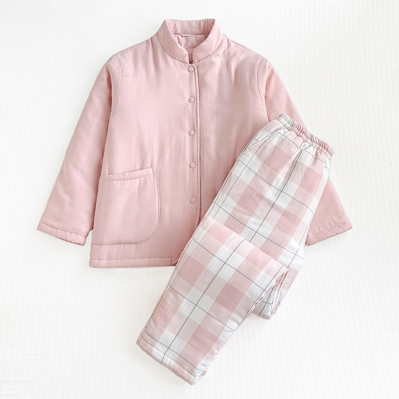 无印日式良品加厚纯棉双层纱夹棉睡衣男女立领棉服秋冬家居服套装