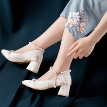 配旗袍的鞋子復古瑪麗珍珍珠改良中國風法式漢元素漢服鞋米白單鞋