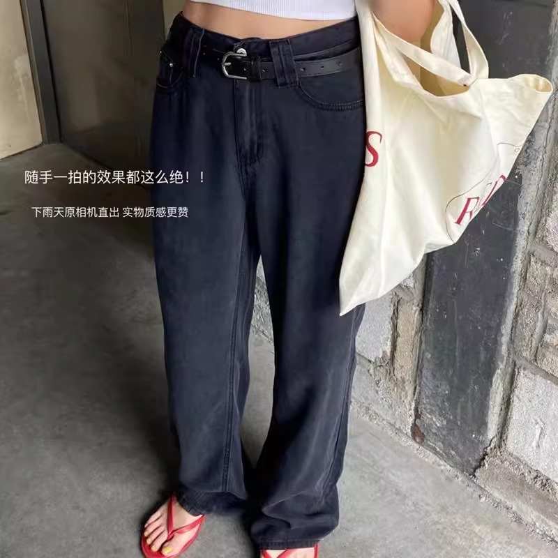 Li Girl's Black Tencel Wide-Leg Jeans for Women, Summer Thin Style, 2026 New High-Waisted Straight-Leg Drapey Ice Silk Pants
