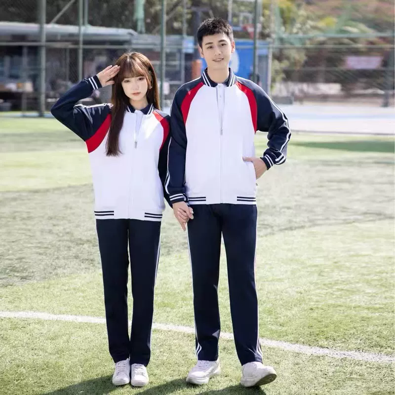 春秋季中学生长袖校服套装夏季高中生运动会蓝白T恤班服三件套