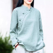 简约风古立领棉麻长袖上衣春秋季棉麻复女装新款中式盘扣套头T恤