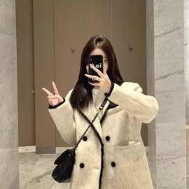 法式感小香风撞色毛呢西装外套女秋冬新款设计感小众百搭大衣