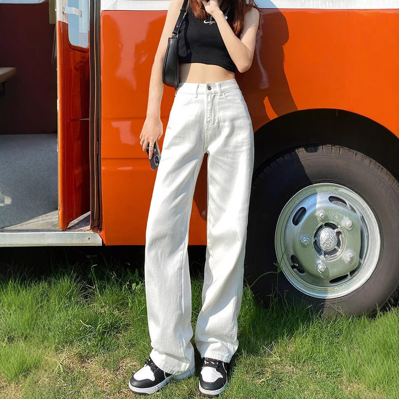 creamy-white Jeans Women's 2025 Summer New High Waist Dipped Long Small Narrow Wide Leg Straight Leg Pants