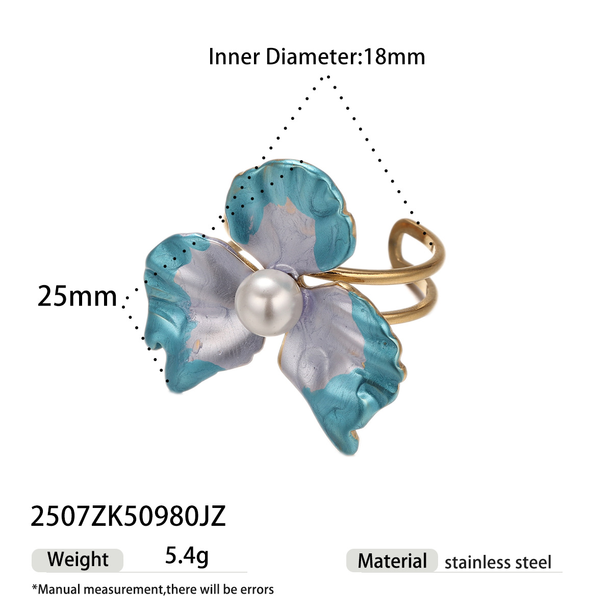 Anillo de acero inoxidable europeo y americano de Tena, flor femenina que no se desvanece, anillo de perla de imitación azul, joyería de mano de alta gama de nicho
