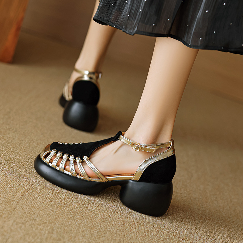 Sandal nữ quai ngang dệt mảnh da lộn, gót vuông ổn định, đế dày ghép màu — Màu đen