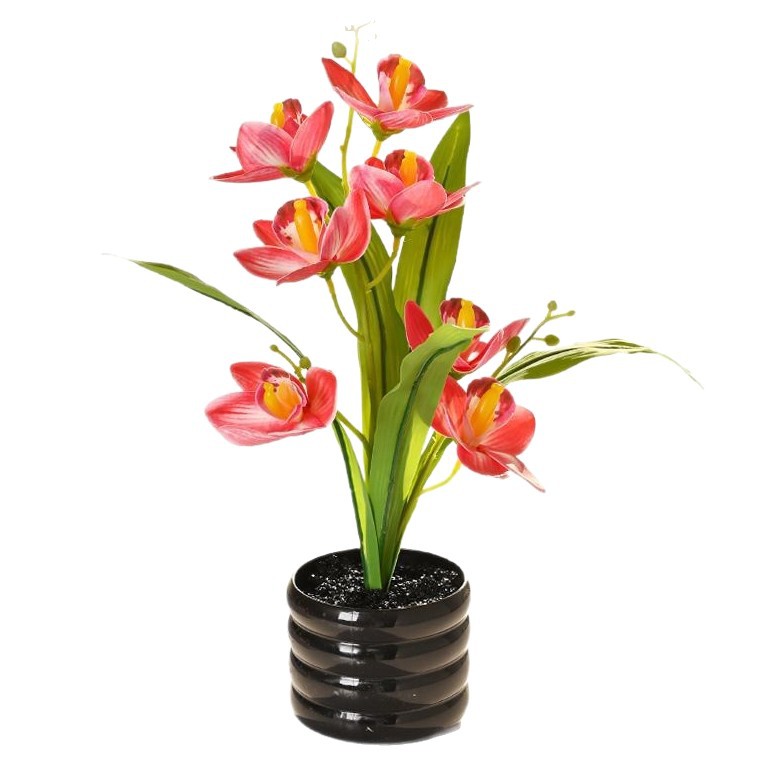 Planta en Maceta de Orquídea Cymbidium Artificial de 7 Cabezas de Seda para Oficina y Sala de Estar
