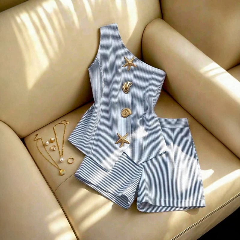 European and American foreign trade women's striped asymmetrical sleeveless top with unique metal buckle decoration and versatile shorts two-piece set European and American foreign trade women's striped asymmetrical sleeveless top with unique metal buckle decoration and versatile shorts two-piece set