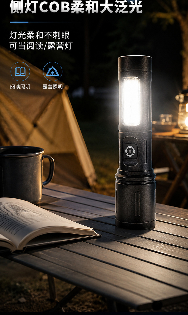 Cross-border LED high-brightness flashlight with zoom, portable outdoor lighting, white laser, USB rechargeable, warning work light