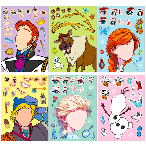 Eight kinds of 6 pieces per pack prince and princess cartoon puzzle stickers for kindergarten children, cartoon intelligence DIY face-changing stickers