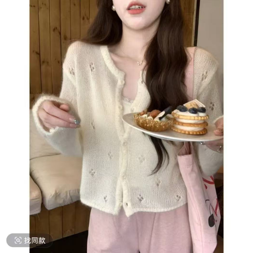 Ys Mohair Round Neck Cut Out Knitted Cardigan for Women Early Autumn Korean Design Short Jacket Top Thin