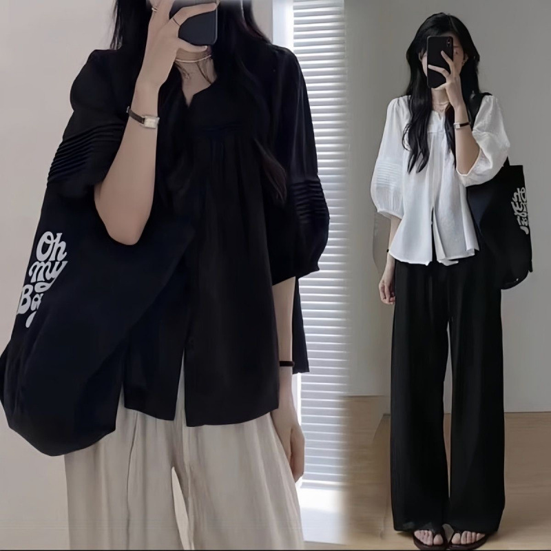 Maternity summer outfit: new design shirt with pleated lantern sleeves and wide-leg pants two-piece set Maternity summer outfit: new design shirt with pleated lantern sleeves and wide-leg pants two-piece set