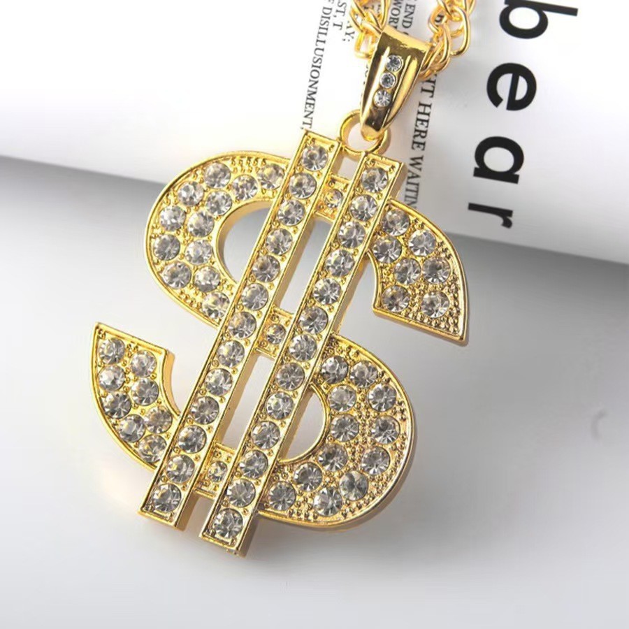 Exaggerated Hip-Hop Style Bold Dollar Sign Necklace with Alloy and Diamond Accents, Trendy Large Pendant Jewelry for Men