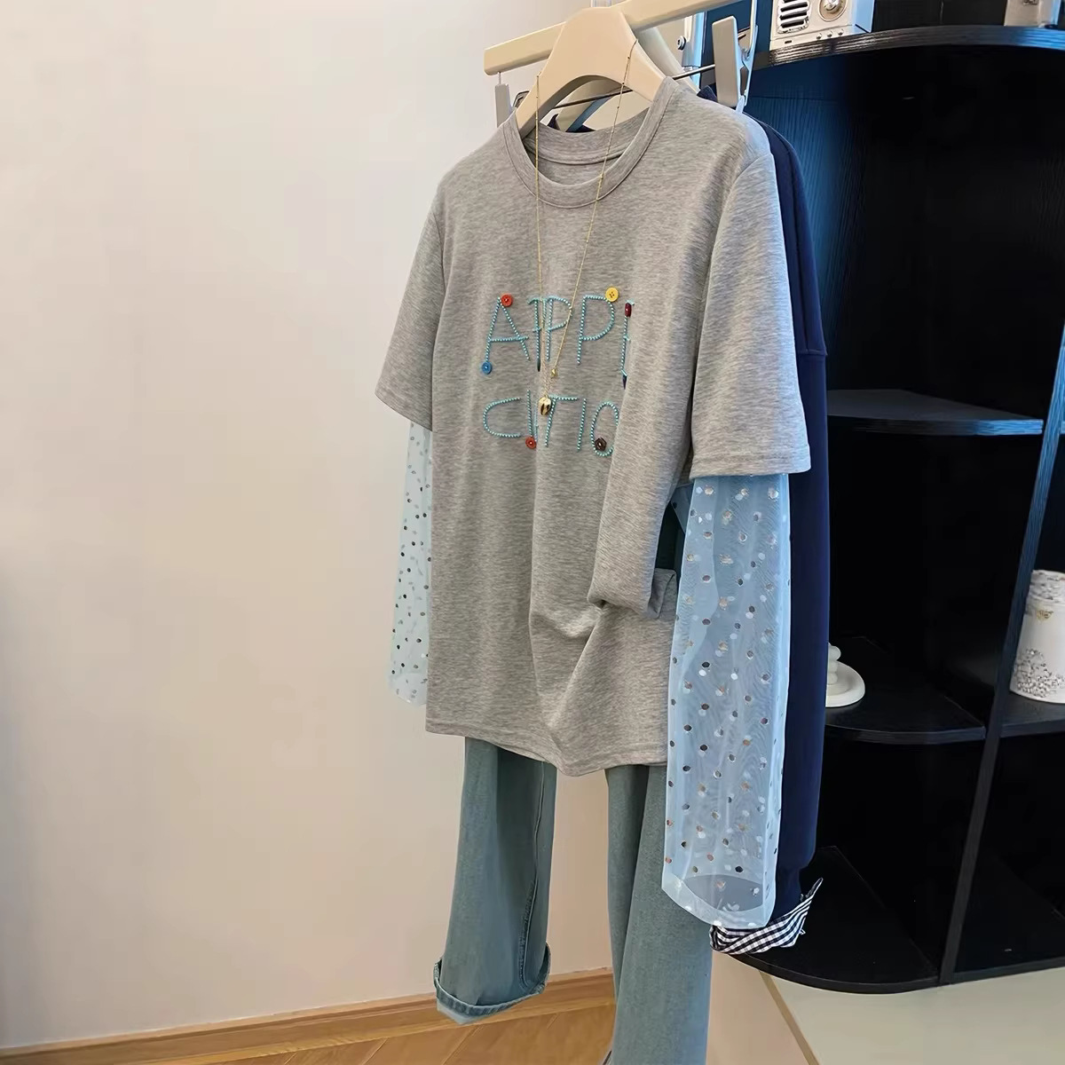 Cross-Border Hot-Selling Item: 21-Piece Pure Cotton Plus-Size 120kg Mesh Patchwork Long-Sleeve T-Shirt for Women, Faux Two-Piece Sun Protection Top