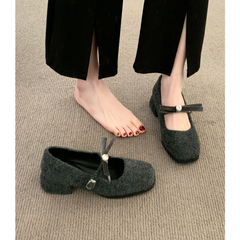 灰色毛呢小皮鞋女春季2025新款法式毛毛單鞋中粗跟配裙子瑪麗珍鞋