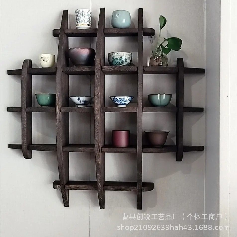 现货博古架实木挂墙茶杯架复古壁挂式多宝阁置物架茶具展示置物架