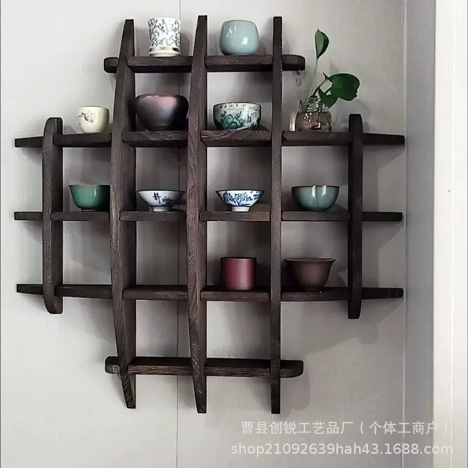 现货实木博古架墙上壁挂式收纳架中式茶杯茶具展示架墙上清仓桌面