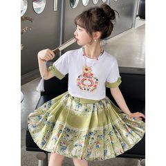 女童夏季古風套裝2024新款時尚復古馬面裙套裝小女孩國風兩件套潮