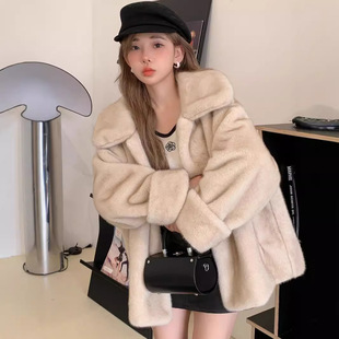 Lapel Fur Imitation Mink Cashmere Coat Mid-length plus size Jacket Women's Winter Thickened Warm Plush Coat