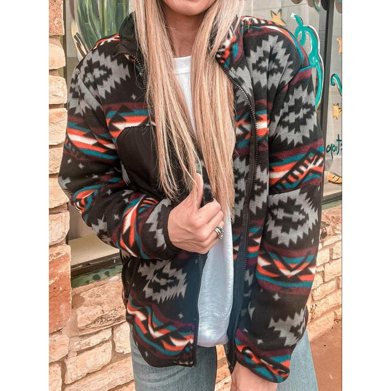 Cross-Border Best-Selling Jackets Coats Women's Ethnic Style Pattern Zipper Funnel Collar Jacket Casual Style