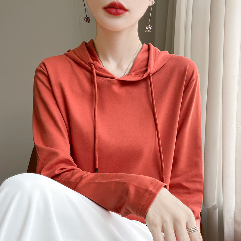 2025年早秋新款纯棉线连帽针织衫长袖女纯色宽松百搭套头卫衣上衣|undefined