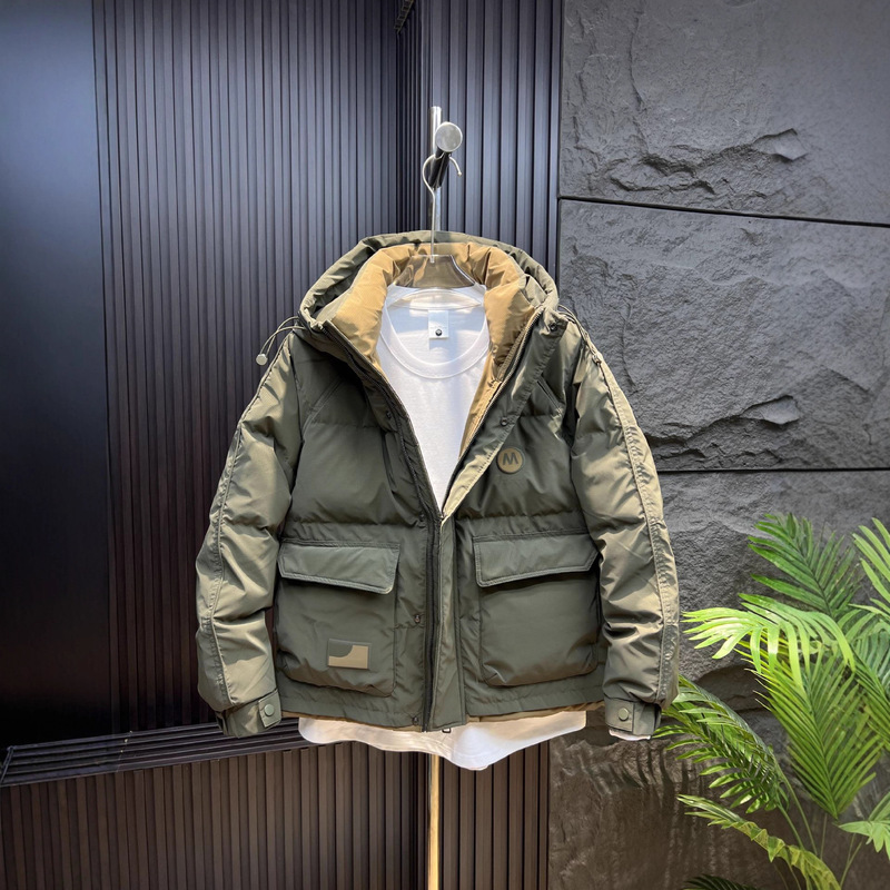 Winter Men's Pu Leather Wash-Free down Jacket Hooded Thickened White Duck down Jacket Handsome Trendy Warm Top Tops
