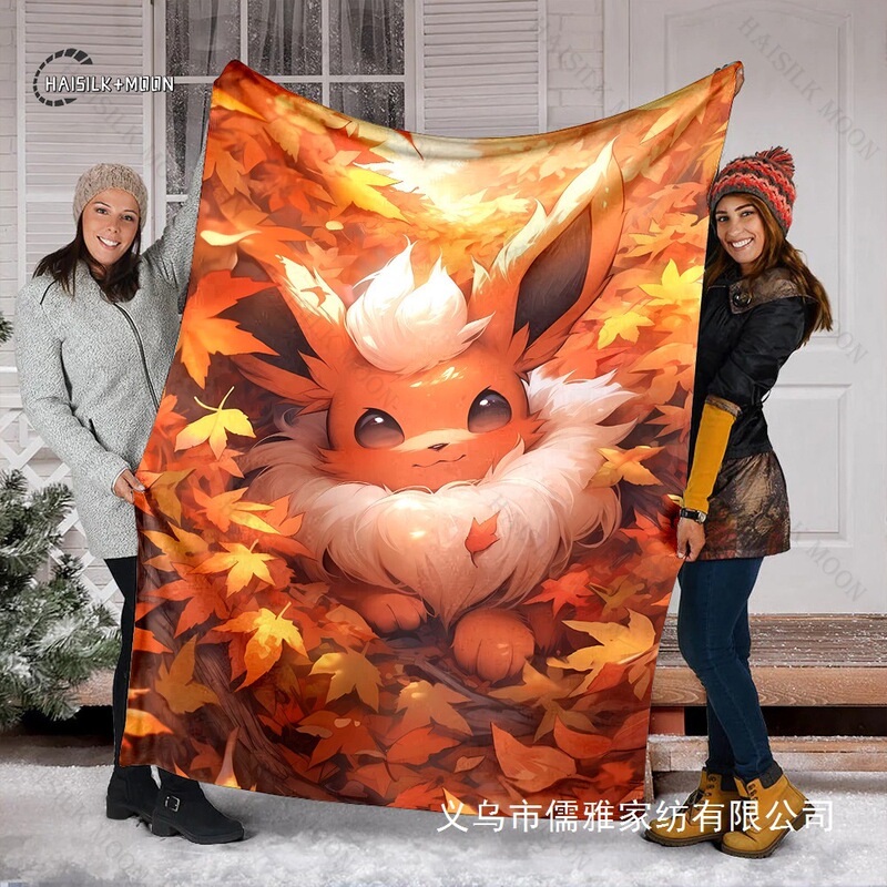 Japanese Anime Pokemon Evolution Umbrella Cartoon Print Flannel Office Soft Fluffy Shawl Blanket