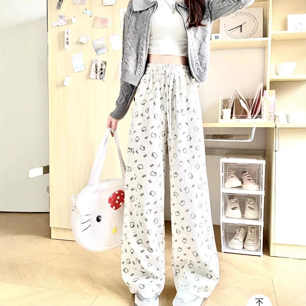 2025 весна и лето новый милый принт широкие брюки женские корейские модные свободные прямые брюки