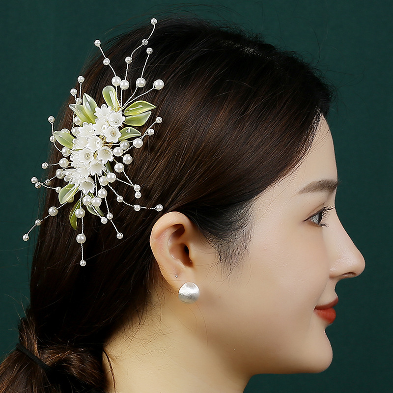Nature-style bride headpiece wedding photoshoot hair comb ancient Chinese style Hanfu hair accessory handmade pearl hair comb floral hair accessory