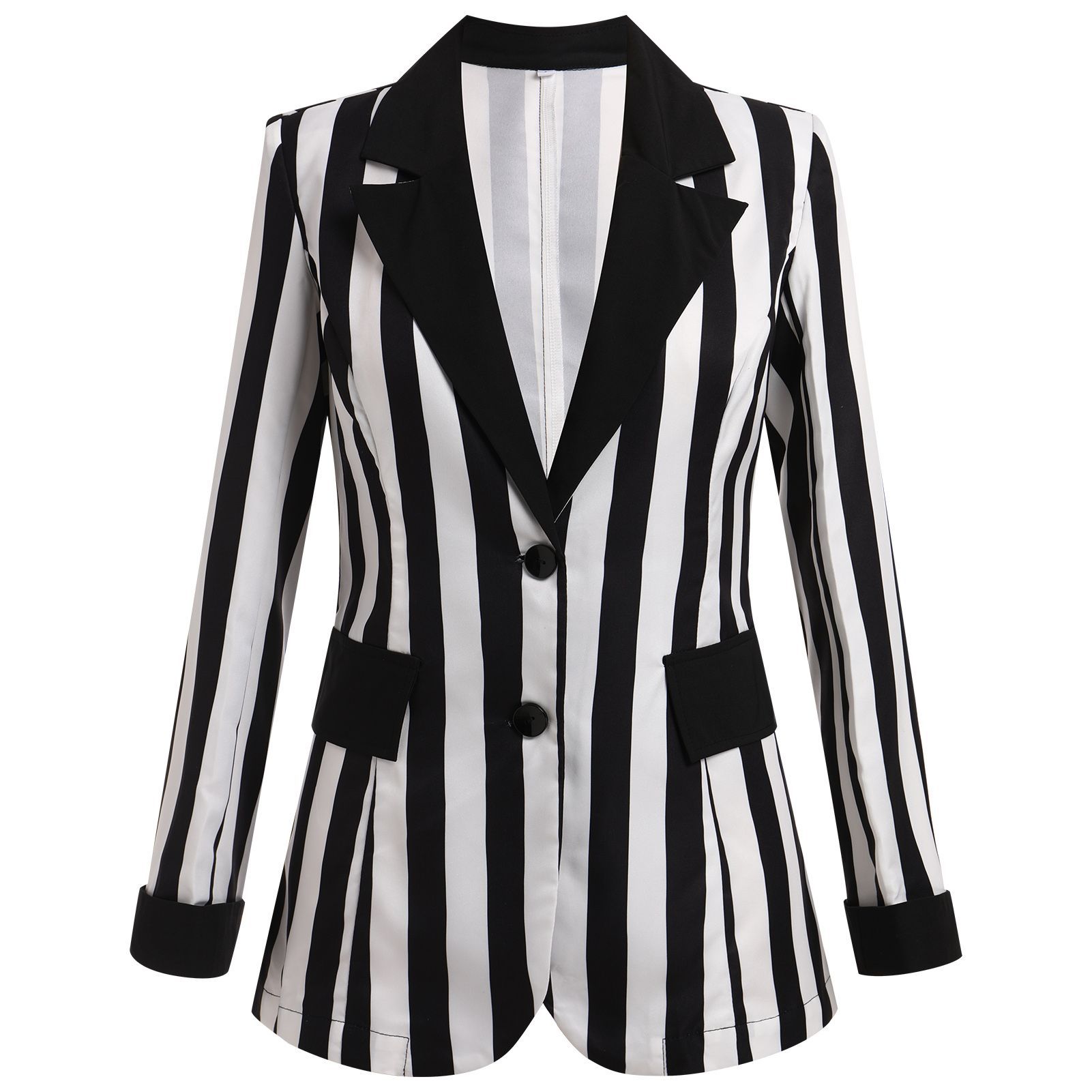 Gestreepte, nauwsluitende damesblazer met smalle taille, stijlvolle revers en lange mouwen 67312_voghion.com