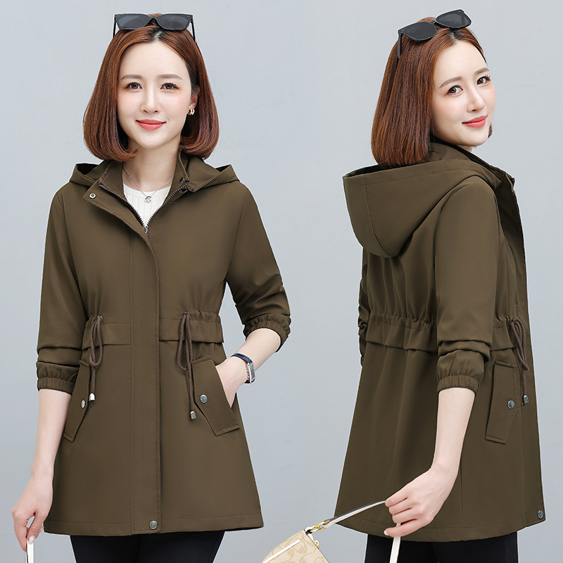 Mid-Length Hooded Detachable Windbreaker Jacket for Women, Spring & Fall, Middle-Aged Mother's Wear, Drawstring Elastic Loose Waist Jacket