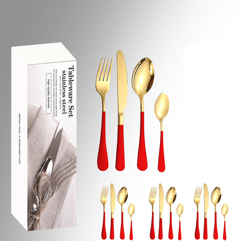 Amazon productos calientes de acero inoxidable vajilla 24 unidades traje 1010 cuatro piezas principales caja simple comida occidental cuchillo, tenedor y cuchara