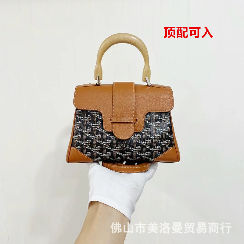Goyard Soft Saigon Mini Bag Wooden Handle Handbag Printed Letter Crossbody Bag Dog Tooth Shoulder Bag Cowhide