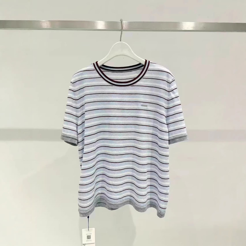 M**Meng Women's Clothing 2026 Summer New Fashion Light Blue Striped Short-Sleeved Knitwear Women's Top 4H4131971
