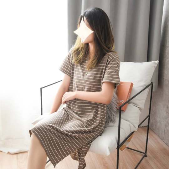 Unprinted Yarn Good Products Tianzhu Cotton Knitted Striped Pajamas Home Dress Wholesale Women's Short Sleeve Nightgown Cotton Women