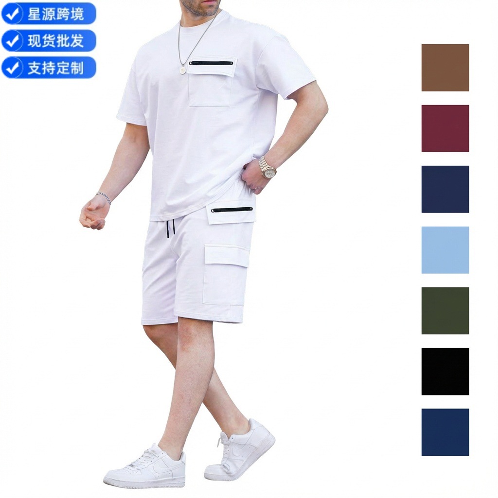 Summer Amazon AliExpress 유럽과 미국 국경 간 남성 멀티 포켓 툴링 반팔 티셔츠 반바지 캐주얼 세트