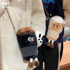 毛絨表情咖啡斜挎包可愛搞怪創意包包韓版卡通女生個性手機鑰匙包